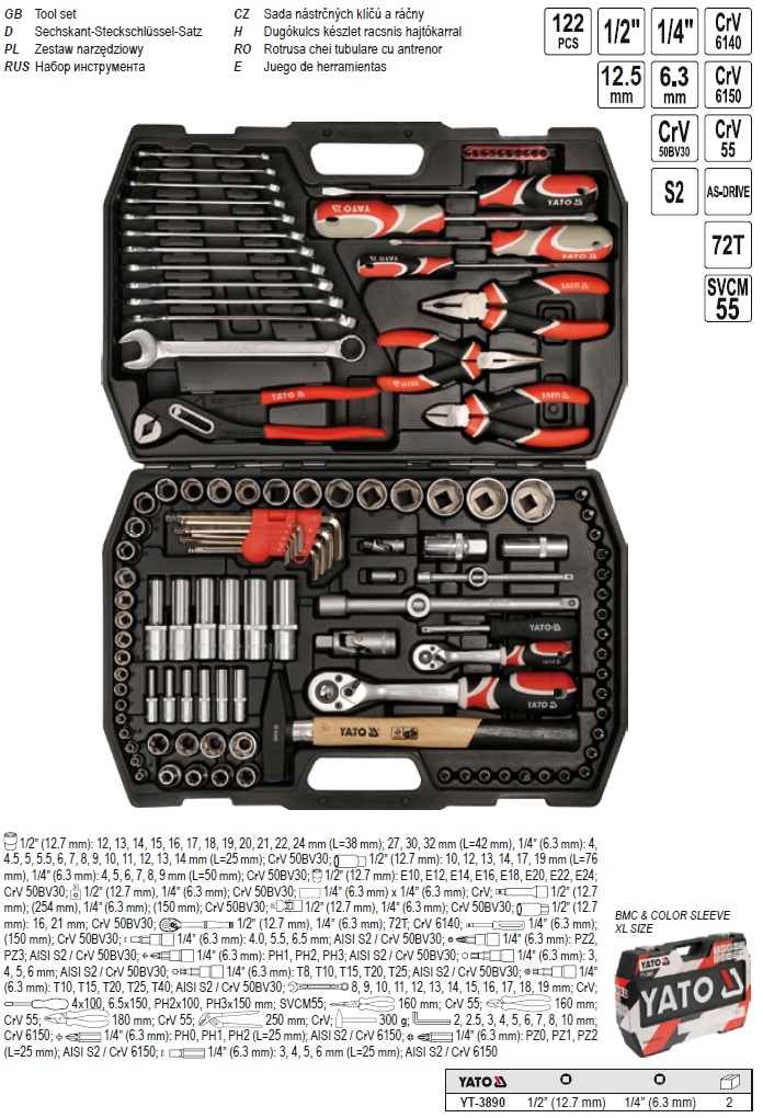 Gola sada 1/2", 1/4" + príslušenstvo  122 ks YATO